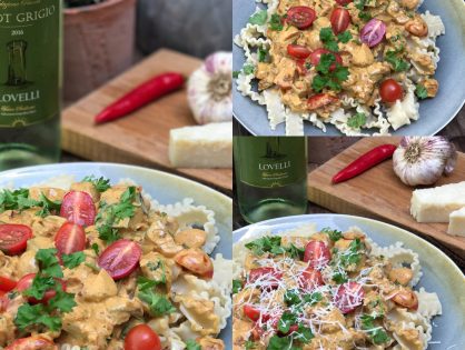 Pasta roomsaus met courgette, champignons en spek