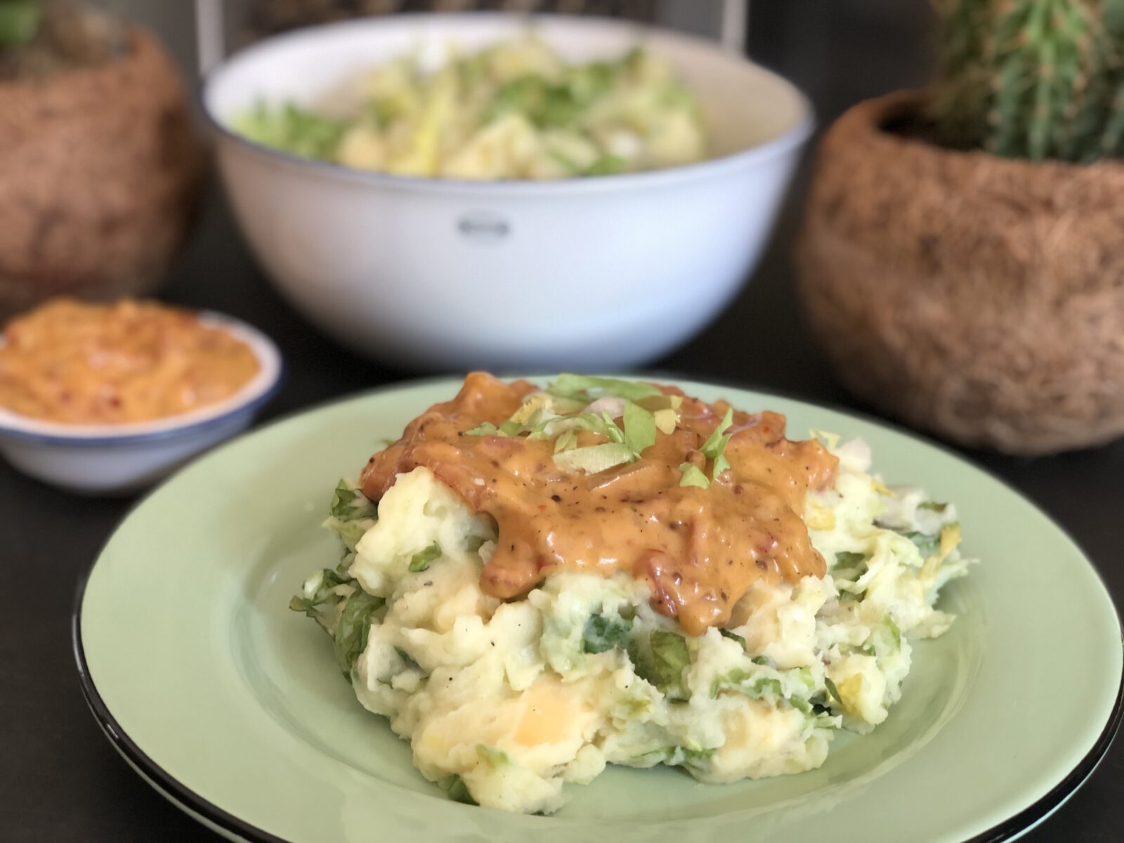 andijviestamppot met spekjes in mosterdroomsaus