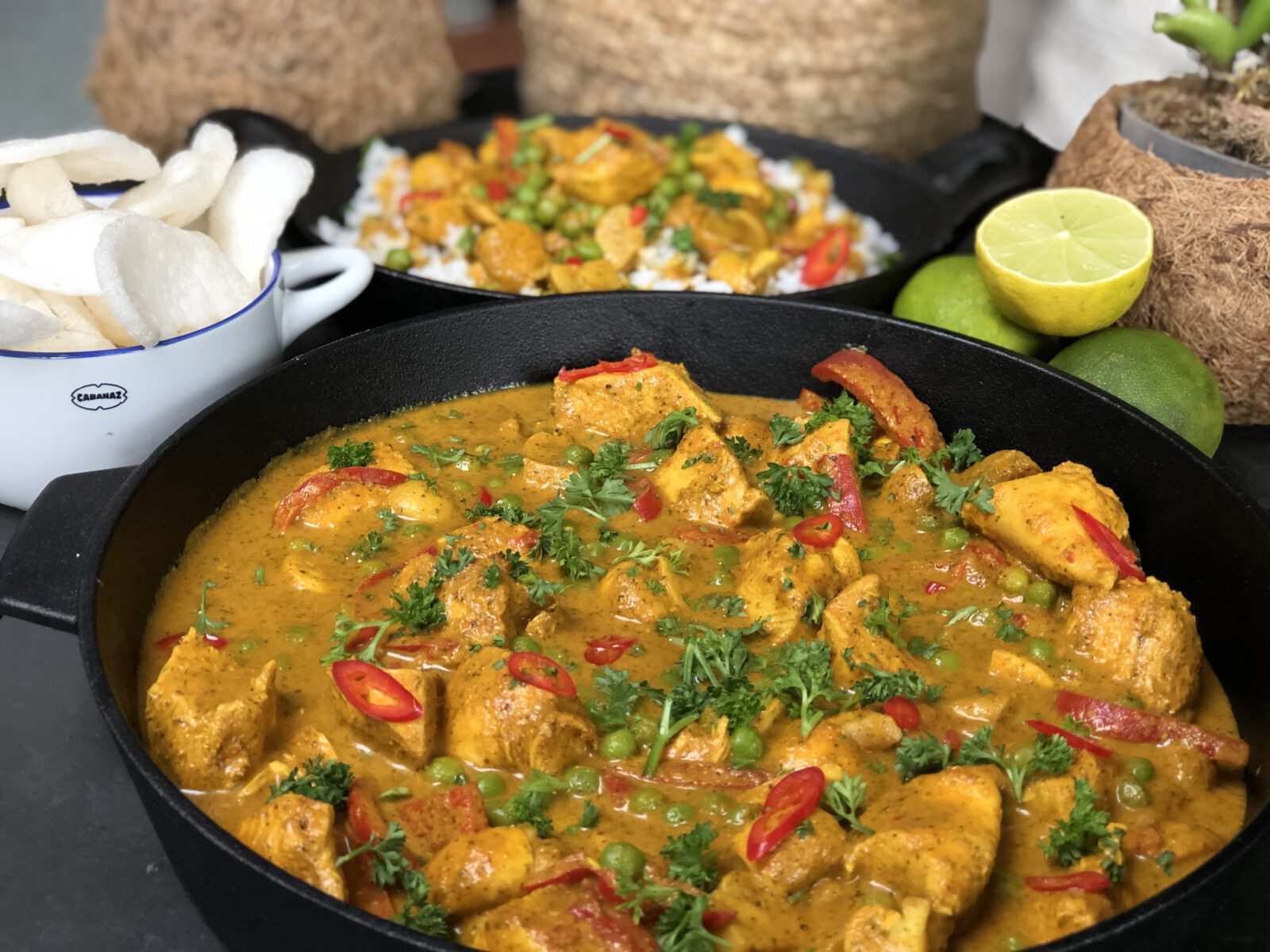 pittige kip in kokosmelk met groenten en rijst