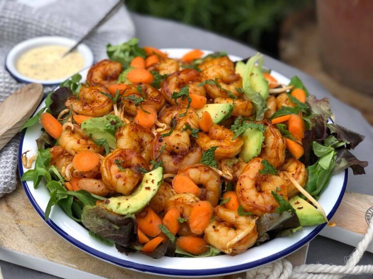 salade met honing knoflook gamba's