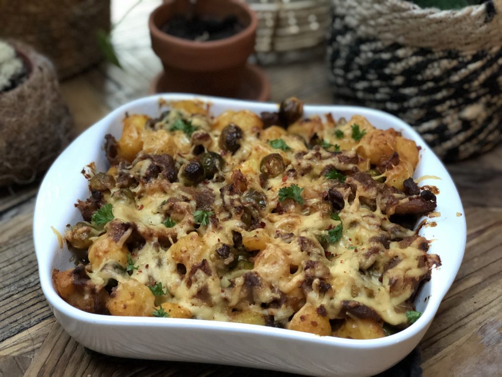 krieltjes ovenschotel met spruitjes en shoarma