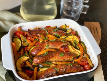 gegrilde worst en groenten uit de oven