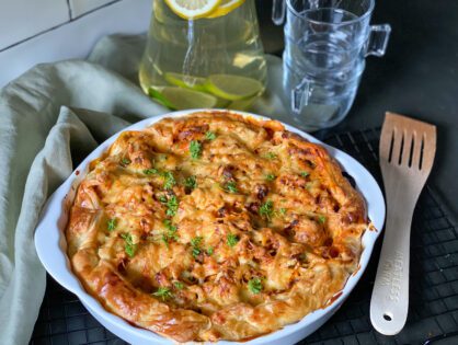 hartige taart met wokgroente en kip shoarma