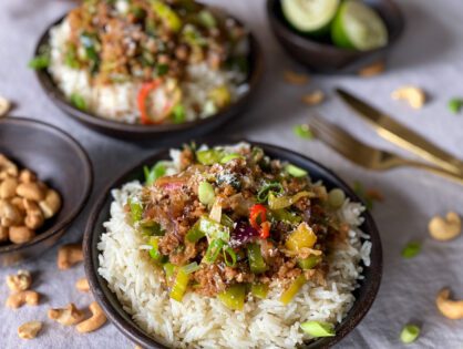 Thaise roerbak met gehakt en rijst