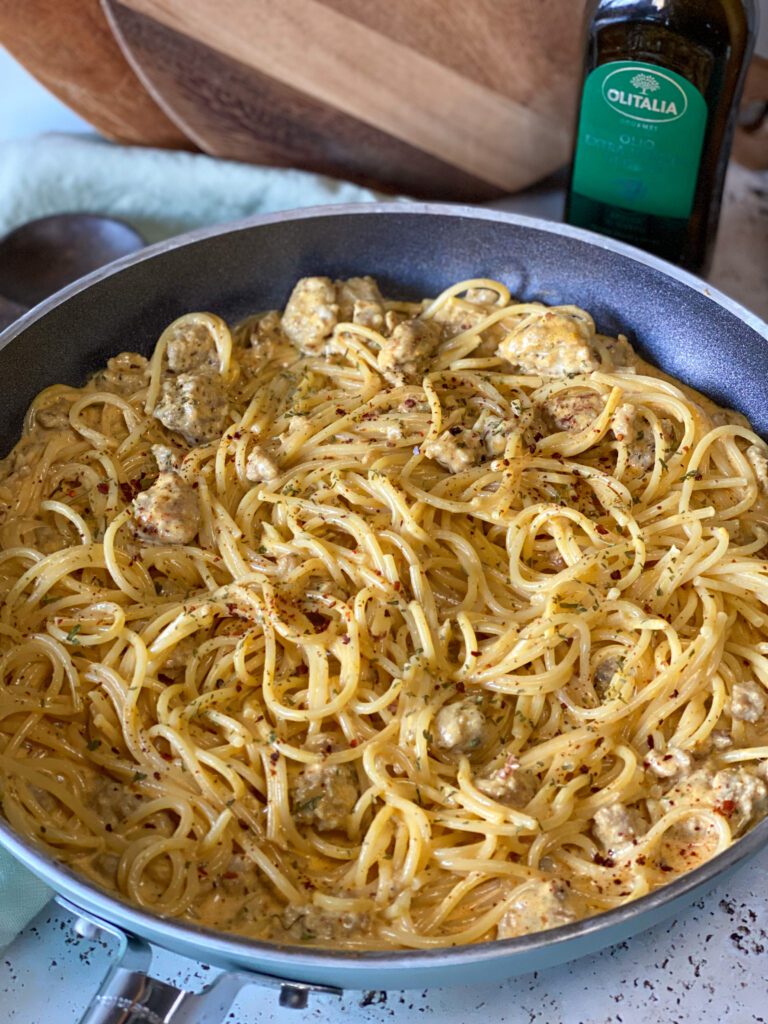 spaghetti met Boursin en verse worst