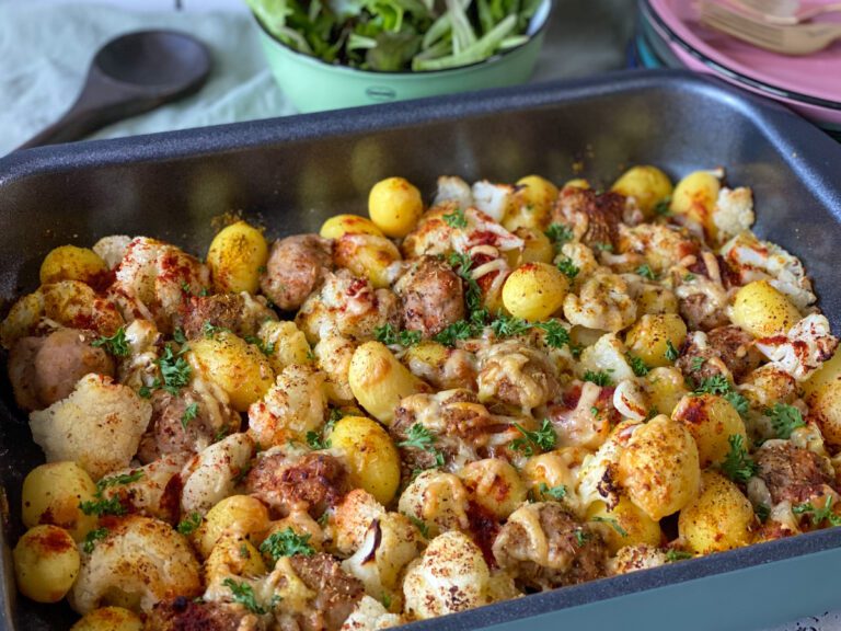krieltjes ovenschotel met bloemkool en verse worst