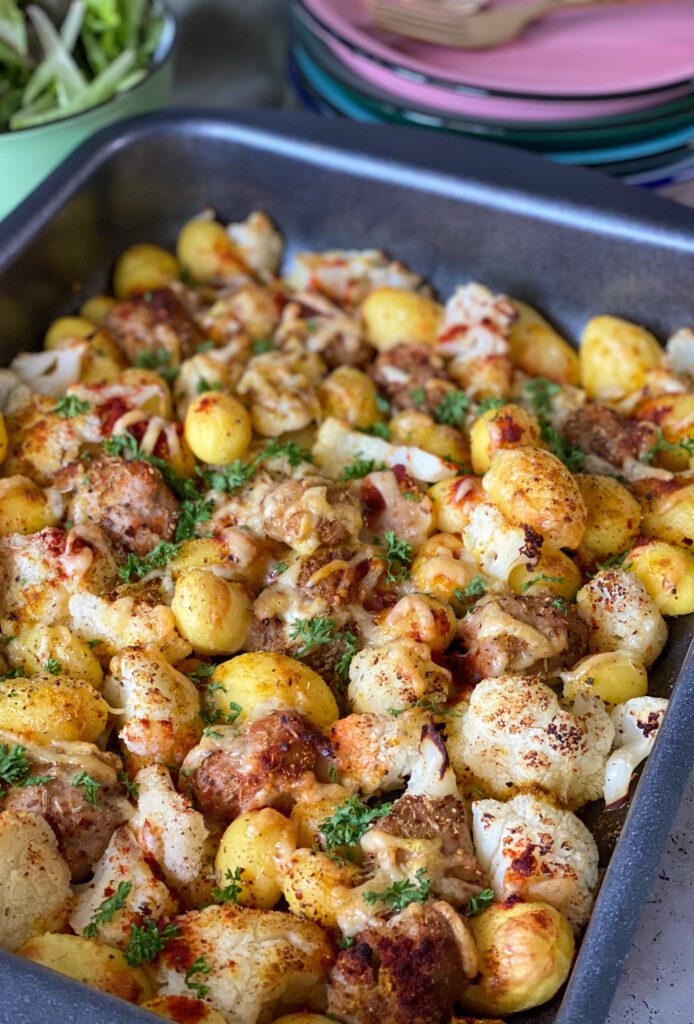 krieltjes ovenschotel met bloemkool en verse worst 
