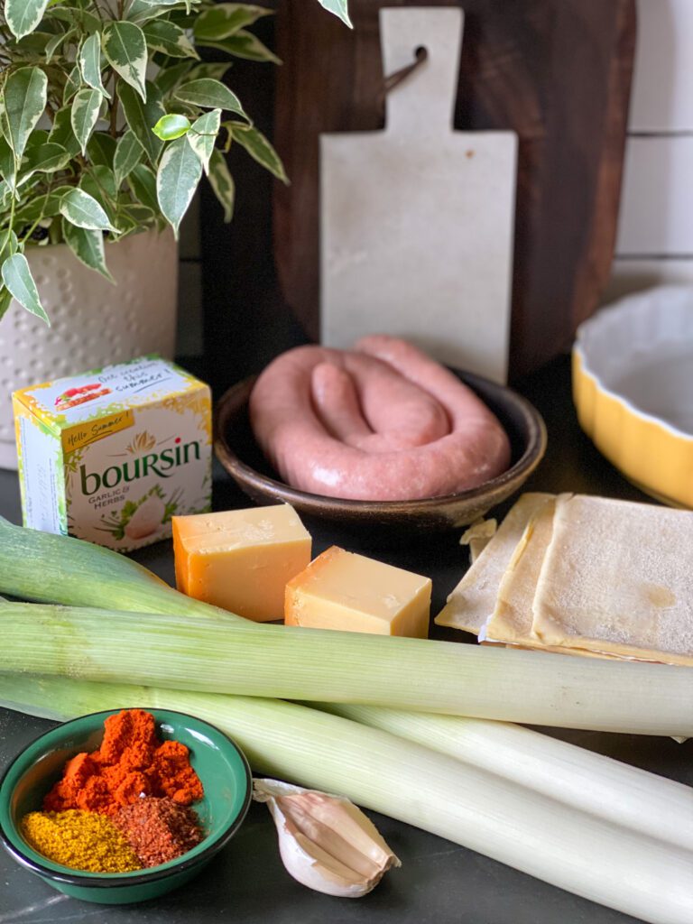 ingrediënten hartige taart met prei en Boursin