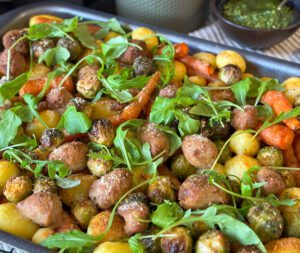Traybake met spruitjes en wortel