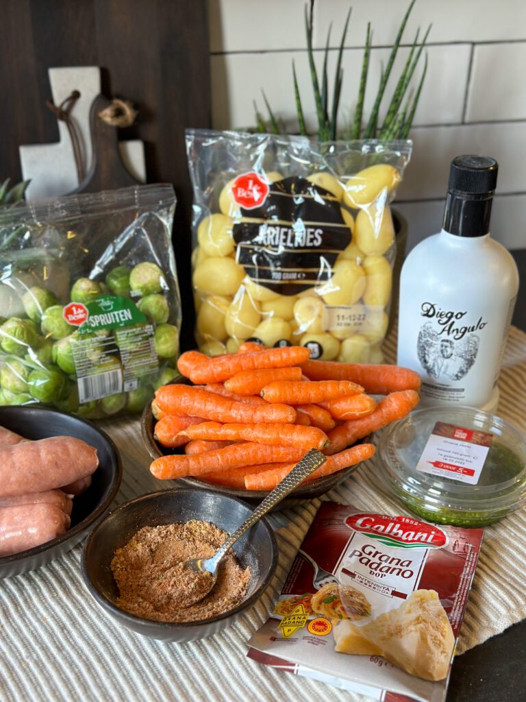 krieltjes traybake met spruitjes en wortel