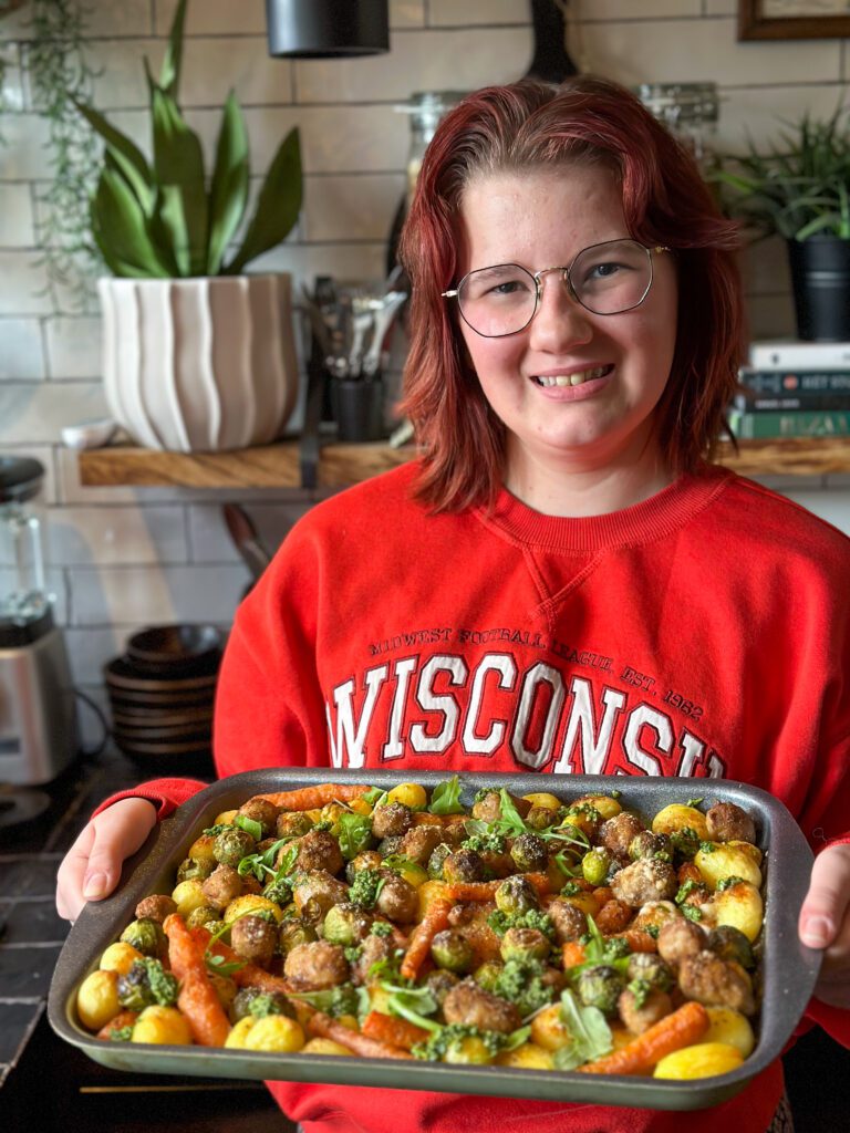 krieltjes traybake met spruitjes en wortel