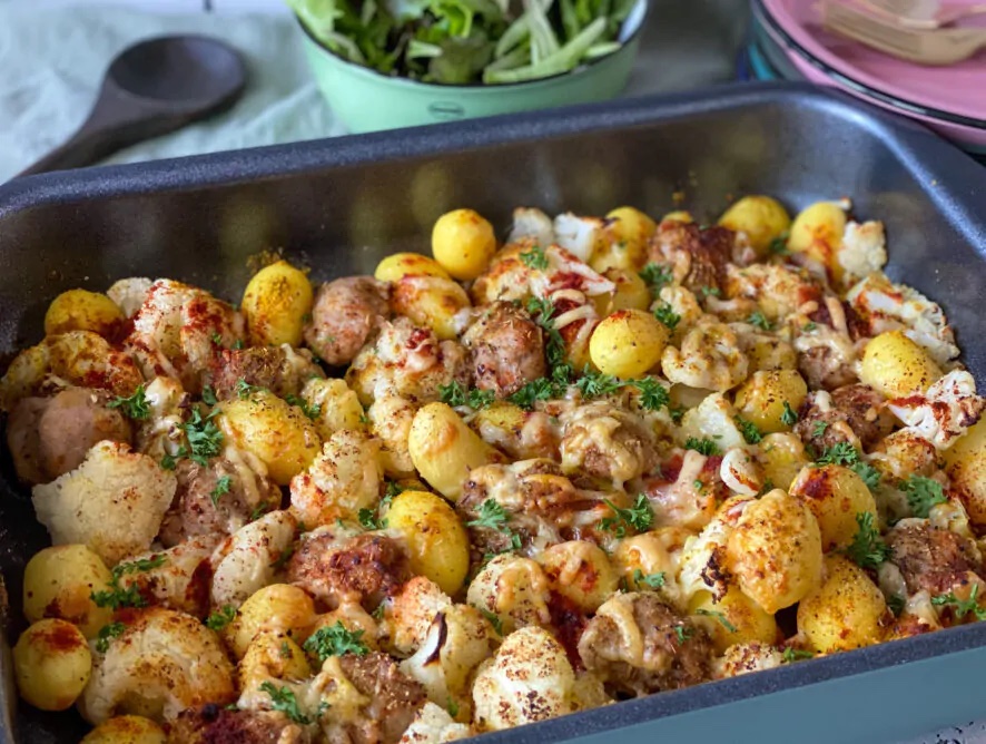 krieltjes ovenschotel met bloemkool en verse worst