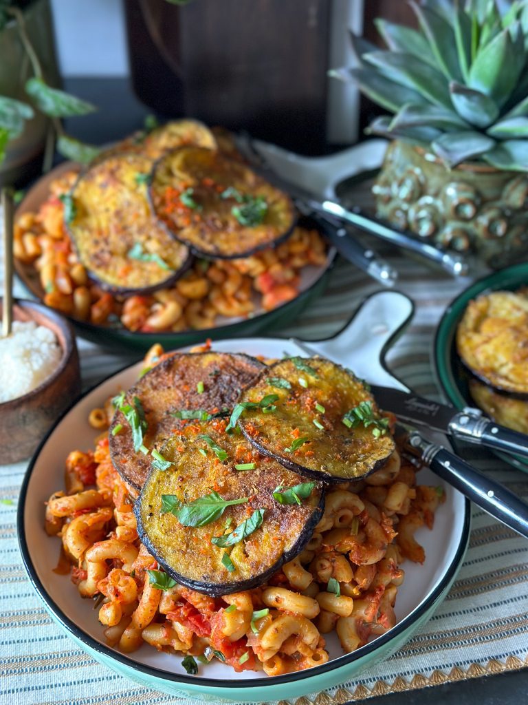 pasta met gebakken aubergine 