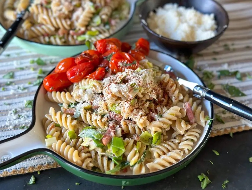 pasta met prei en spekjes 
