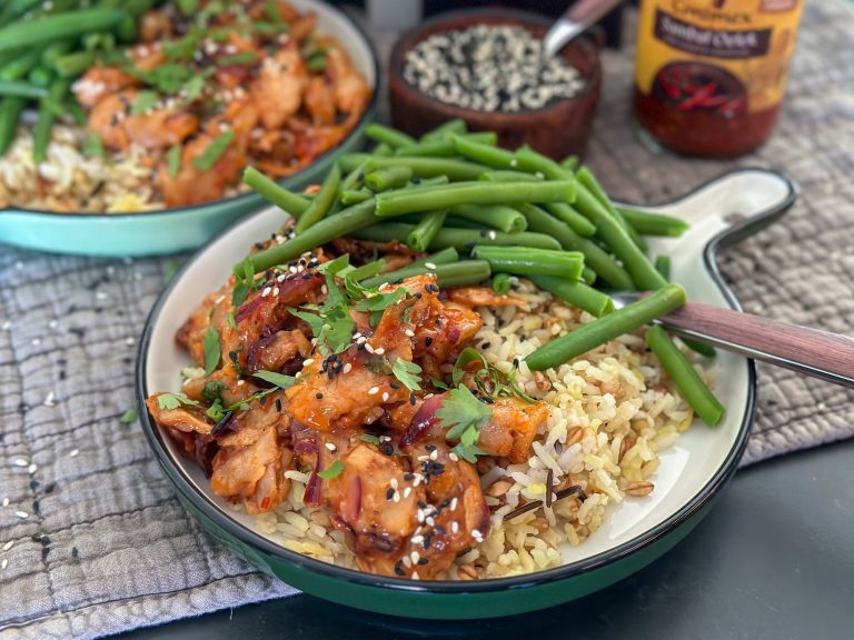 kip in sweet chilisaus met rijst (vegetarisch))