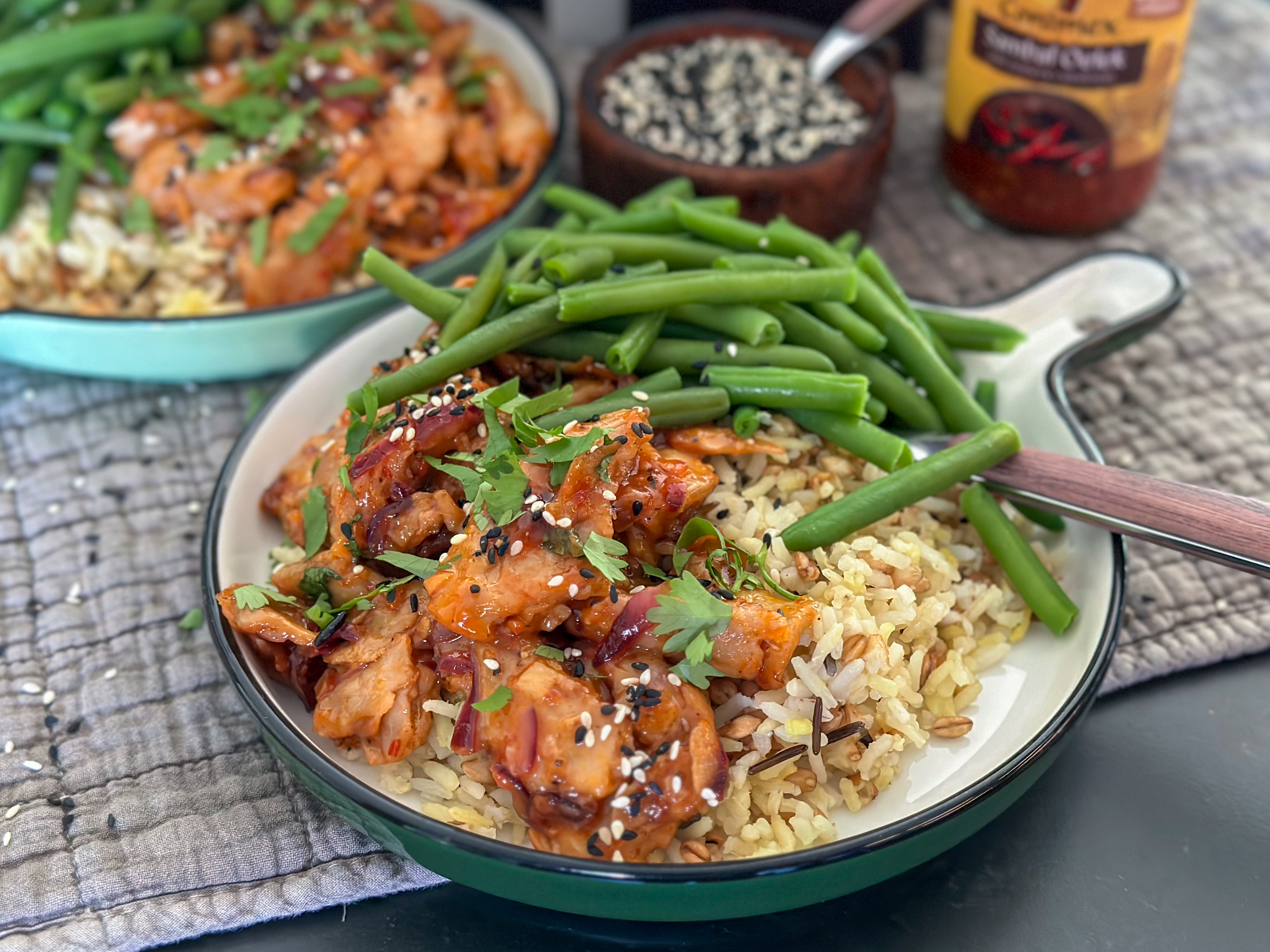 kip in sweet chilisaus met rijst (vegetarisch))