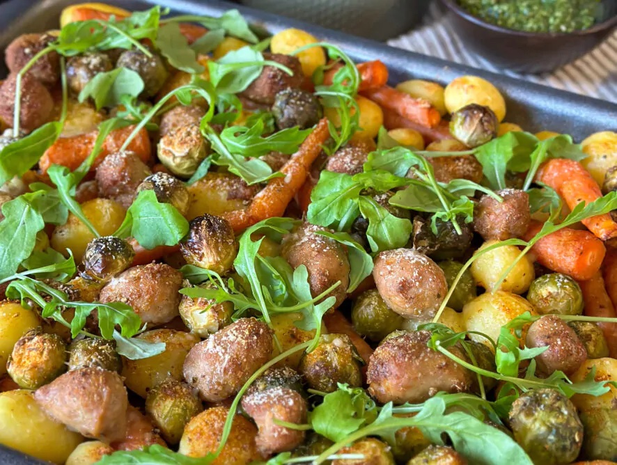 krieltjes traybake met wortel en spruitjes