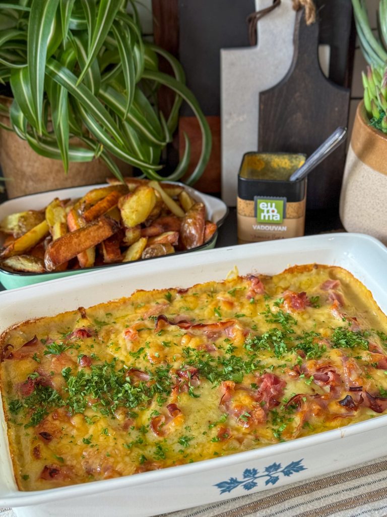pinit witte asperges in bechamelsaus met ham en kaas uit de oven