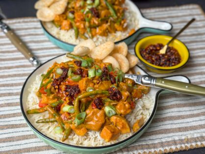 vegetarische kip kerrie met rijst
