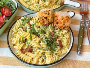 snelle en makkelijke pasta met Boursin, prei en spekjes