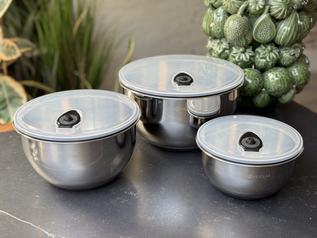 Roestvrijstalen HexClad mengkom met vacuumdeksel – ideaal voor het luchtdicht bewaren van vers voedsel