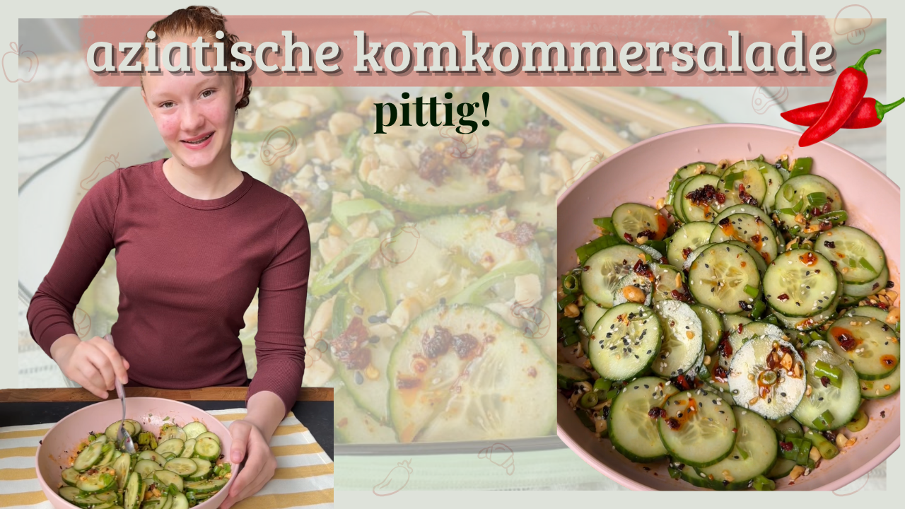 Aziatische komkommersalade, meisje met roze kom vol pittige komkommer, thumbnail salade recept
