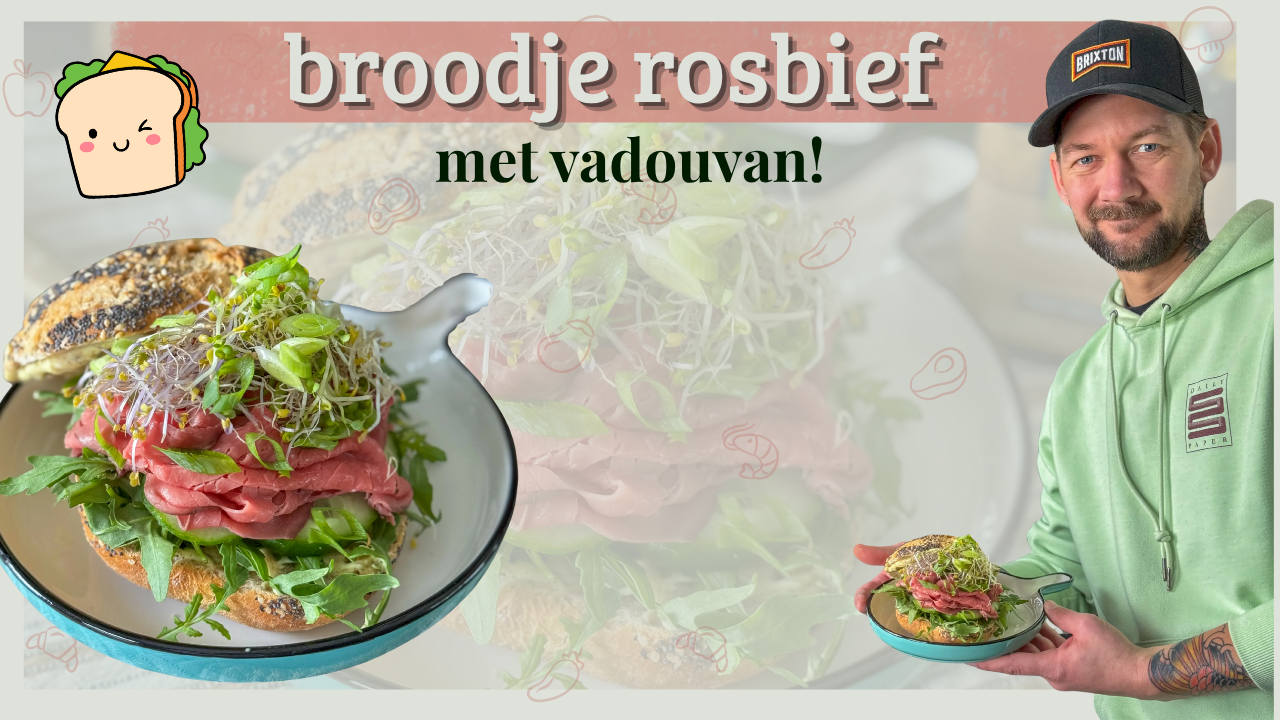 Broodje rosbief recept – Jan Willem serveert broodje rosbief met vadouvanmayonaise, rucola en kiemgroenten, met vrolijke uitstraling en food-illustratie