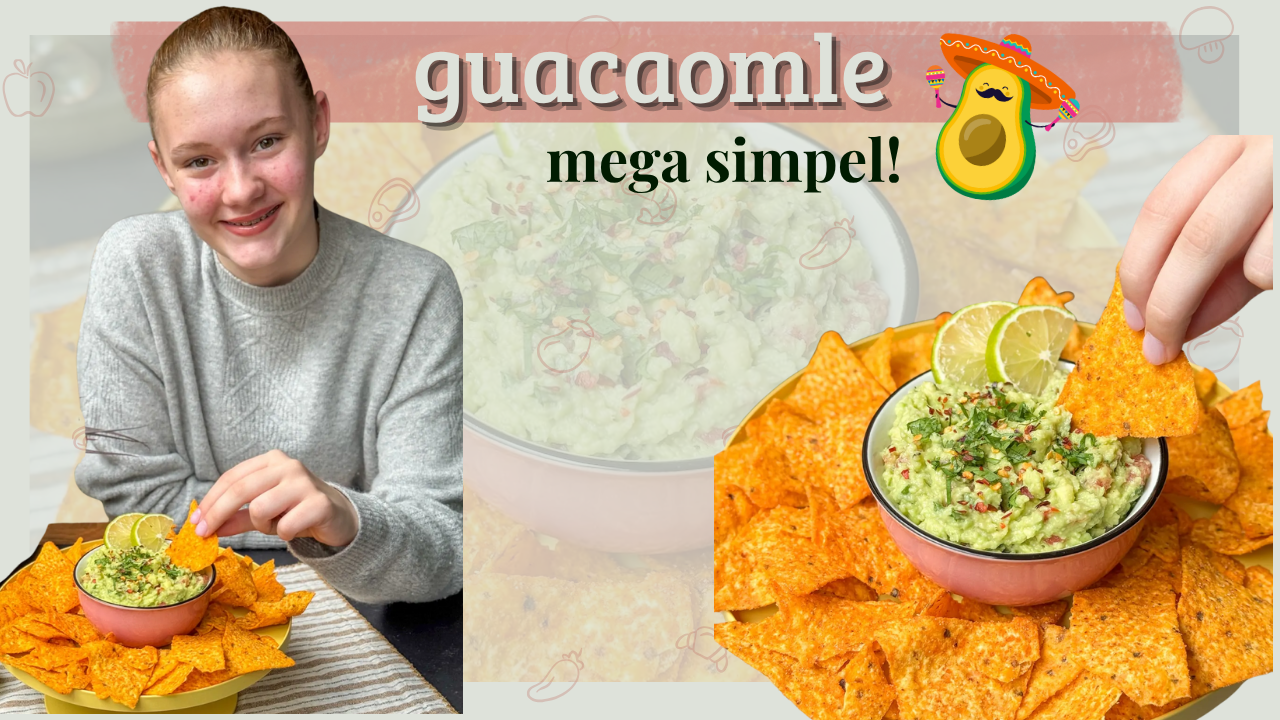 Guacamole recept – Amaranthe dipt tortillachip in zelfgemaakte guacamole met limoen, koriander en chilivlokken, vrolijke sfeer met avocado-icoon
