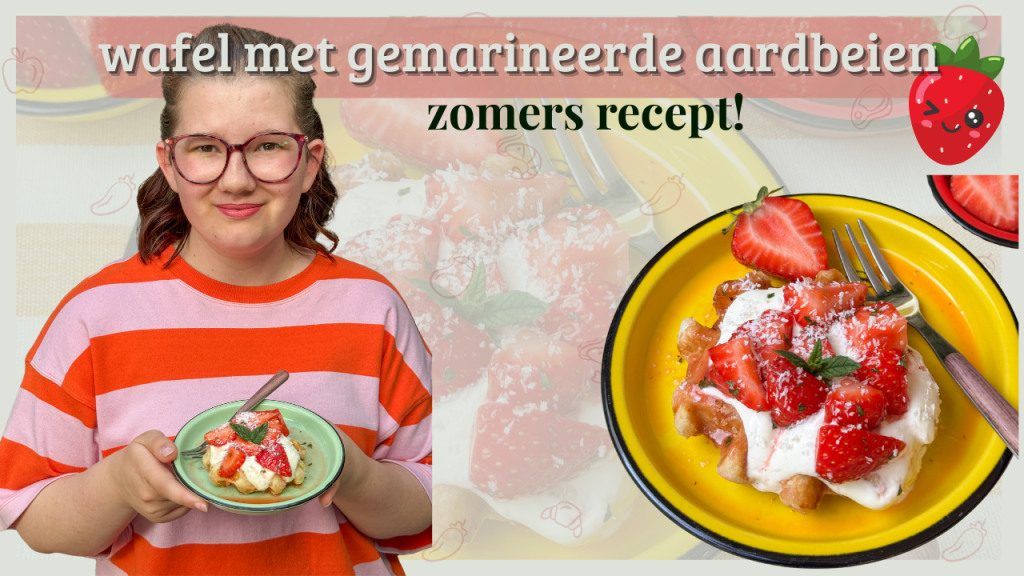 wafels met aardbeien toetje, vastgehouden door Beaudine, geserveerd met crème fraîche en munt op geel bord