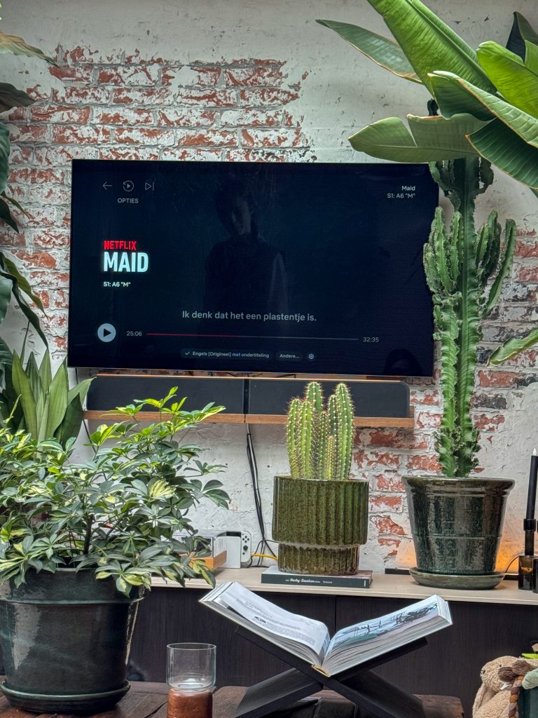 De tv speelt de serie MAID met groene planten en cactussen eromheen in de woonkamer.