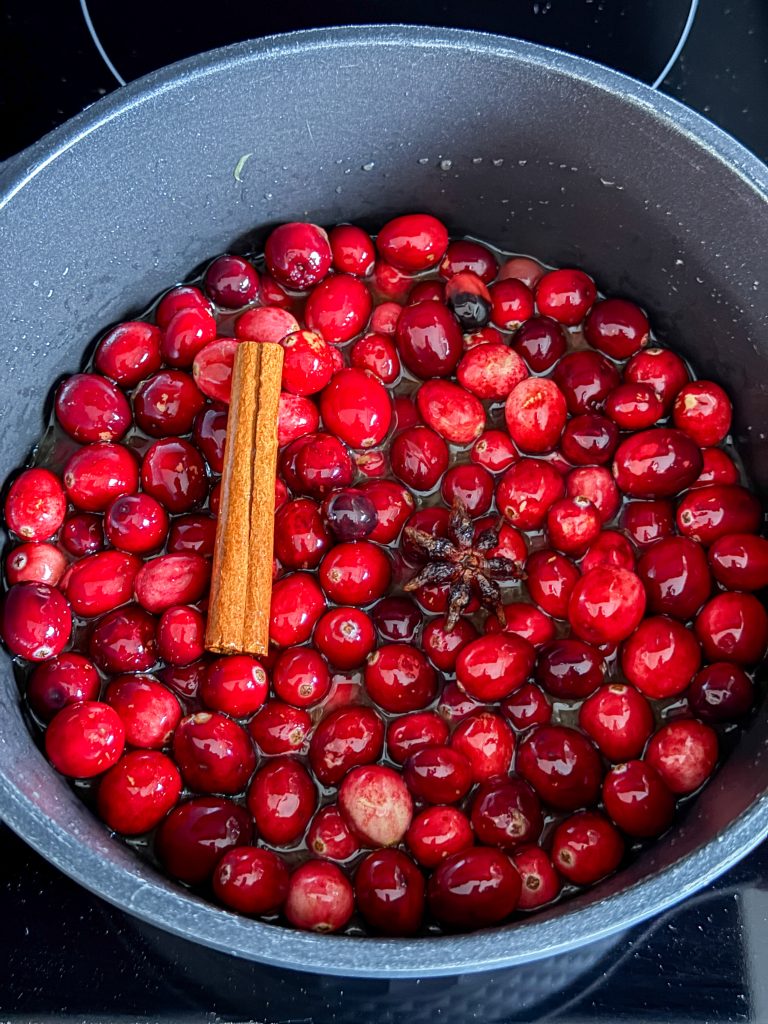 Cranberries in een pan gemengd met pan met sinaasappelsap, suiker, kaneelstokje en steranijs